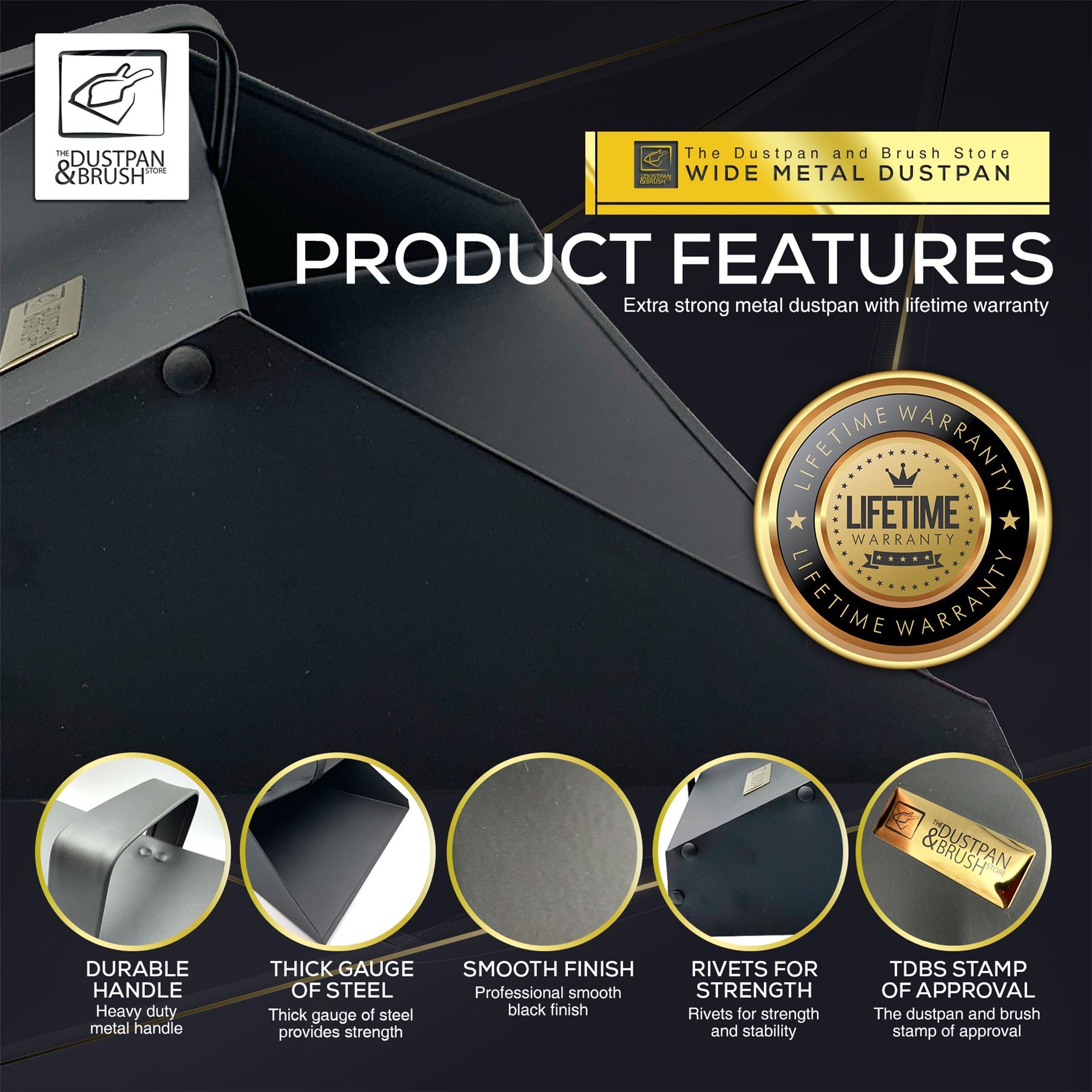 Strong Trade Metal Thick Gauge Heavy Duty 350mm Black Dustpan - LIFETIME WARRANTY - The Dustpan and Brush Store
