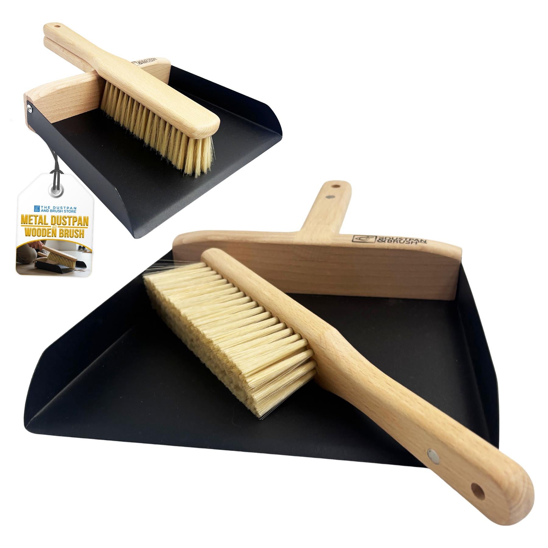 A metal dustpan and wooden brush set shown on a white background, with two views of the product and a small hanging tag. The dustpan is matte black, and the brush has a light natural wood handle and bristles.
