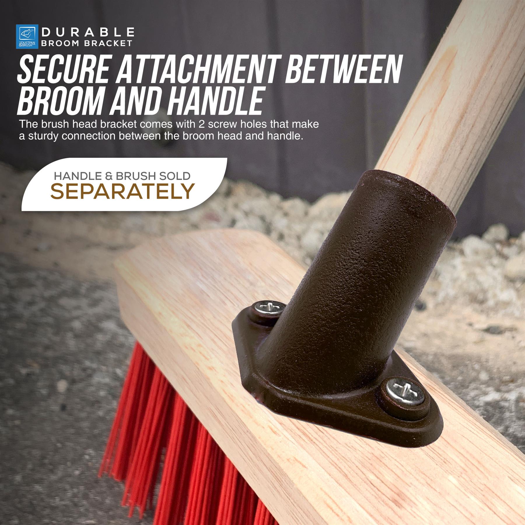 Close-up of a broom attachment showing the brush head bracket securely fastened to a wooden broom handle, with red bristles visible and marketing text on a dark stone-like background.