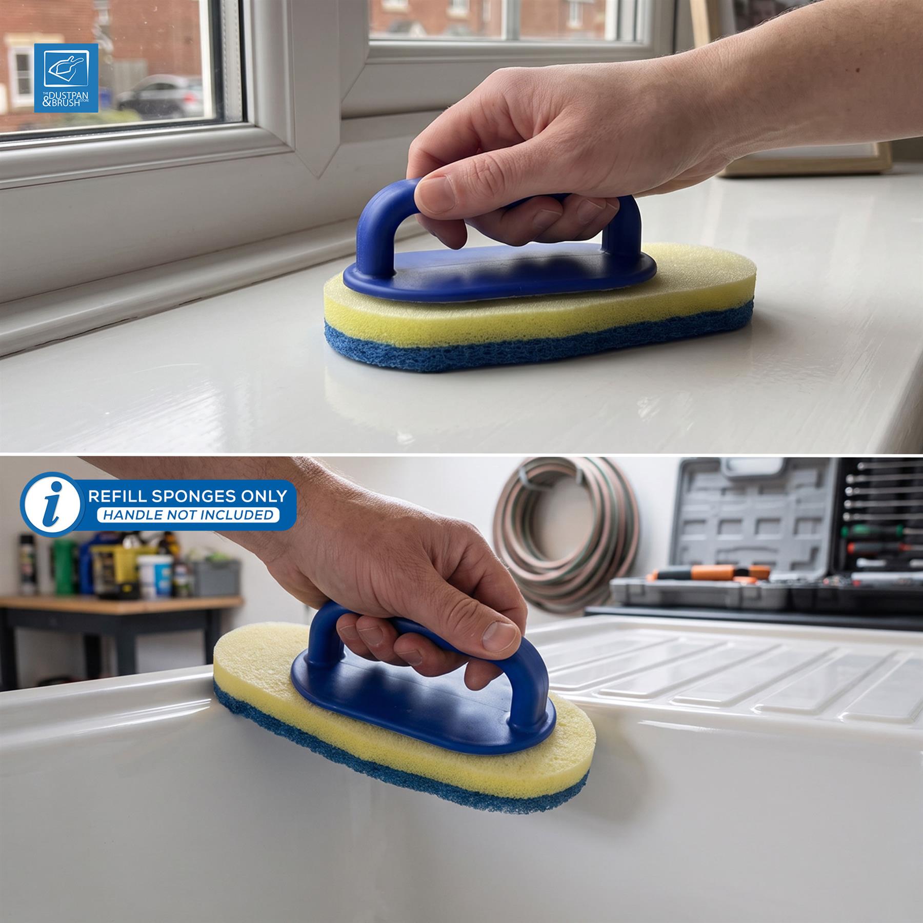Two-panel photo showing a hand using a blue and yellow rectangular sponge scrubber with a handle to clean a white bathtub or sink. The top panel is set near a window, and the bottom panel shows a cleaner interior background with tools and hoses.
