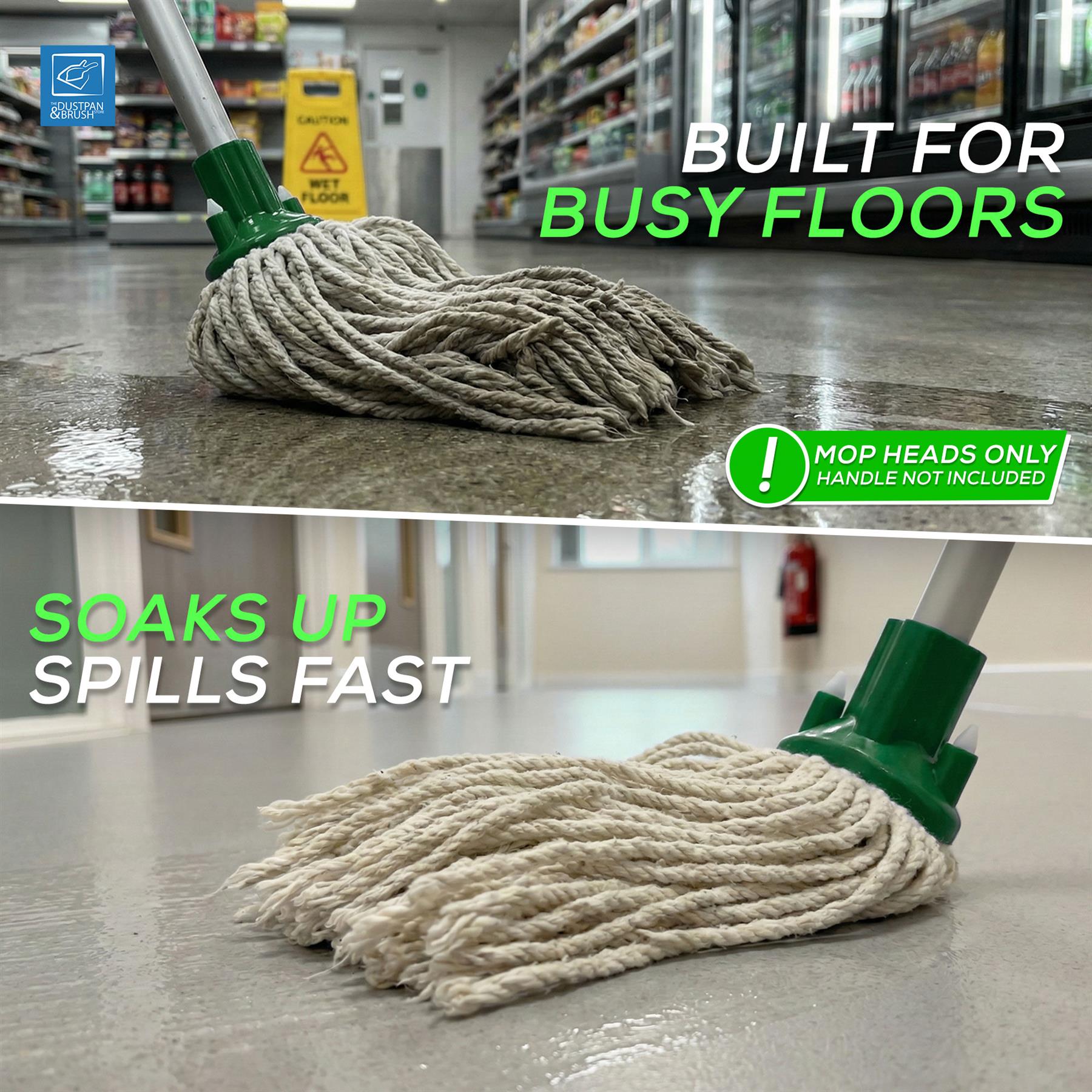 A split promotional image showing a cordless floor mop in a grocery store setting. The top half shows the mop head on a wet floor with text reading 'BUILT FOR BUSY FLOORS' and a 'mop heads only handle not included' badge.