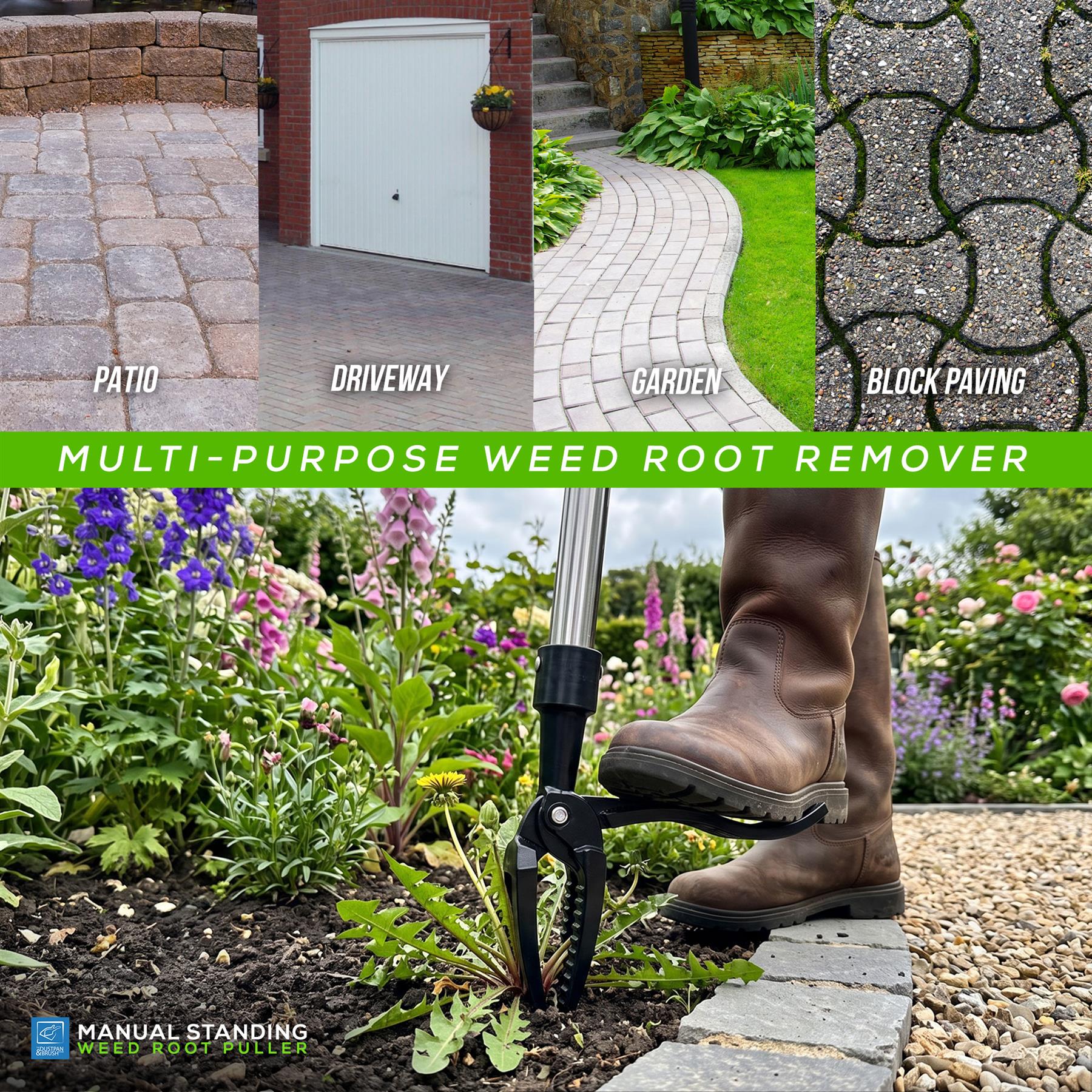 A multi-purpose weed root remover tool shown in use in a garden, with a person's boots visible. The image includes inset panels showing patio, driveway, garden, and block paving applications, with text reading 'MULTI-PURPOSE WEED ROOT REMOVER'