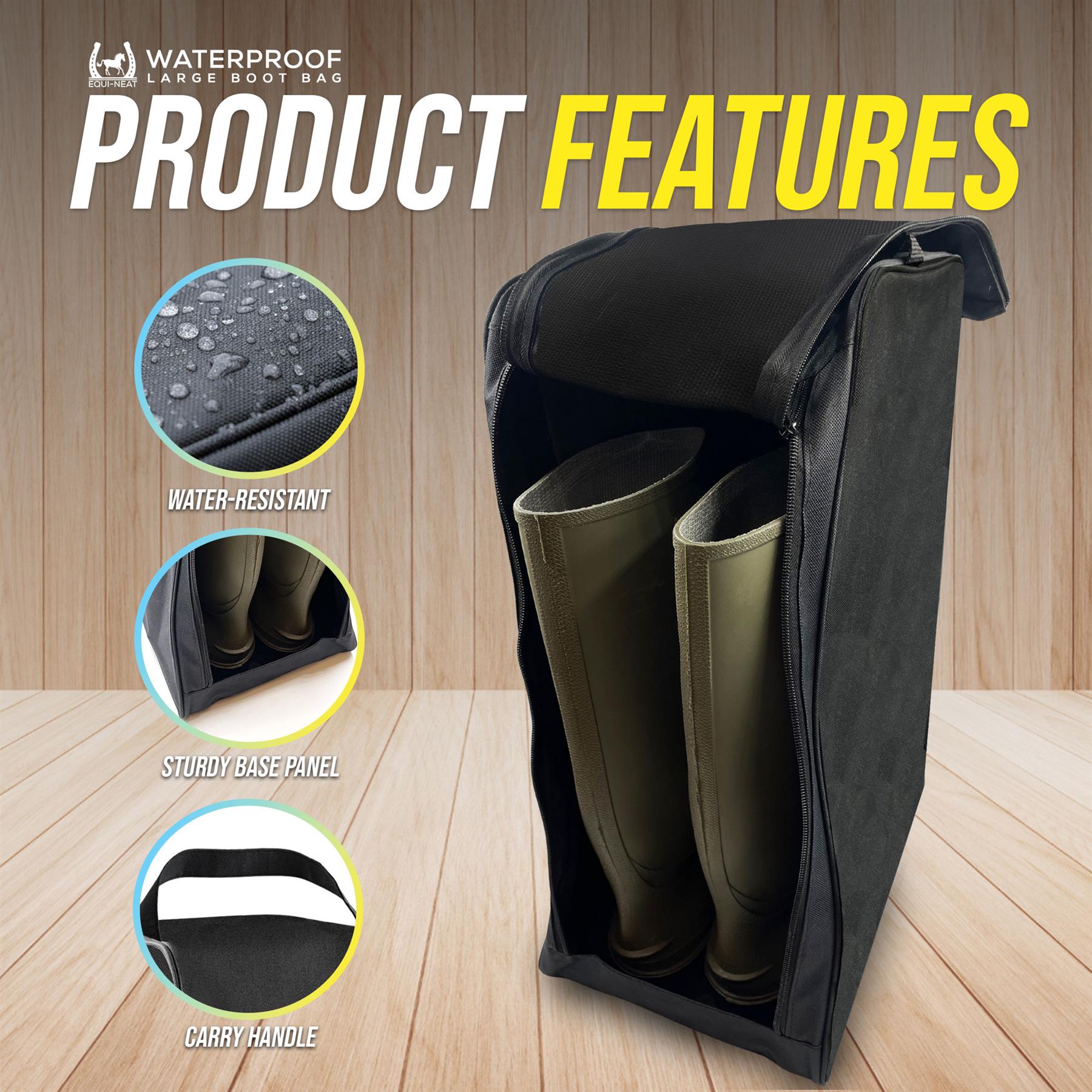 Large Boot Bag for Wellies & Walking Boots product features, a water resistant, sturdy bag with a carry handle