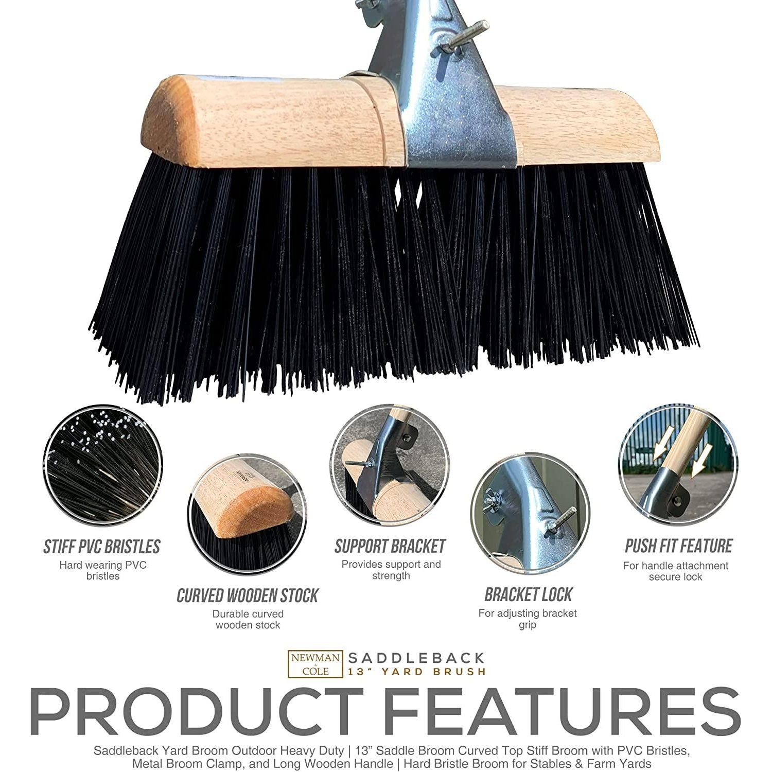13" Newman and Cole Synthetic Saddle Broom Head with Bracket & Handle - The Dustpan and Brush Store