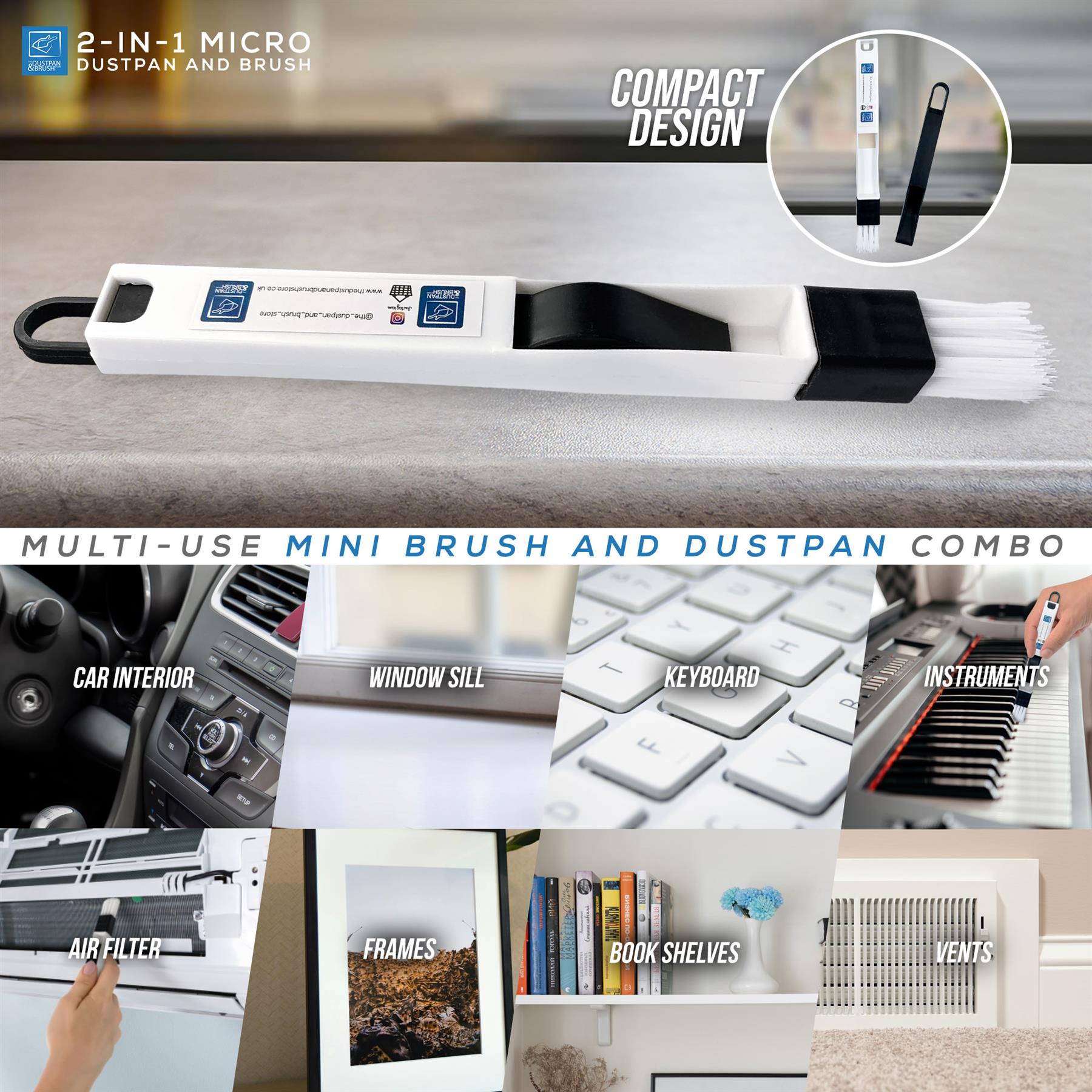 Multi-use mini brush and dustpan combo with various cleaning applications shown.