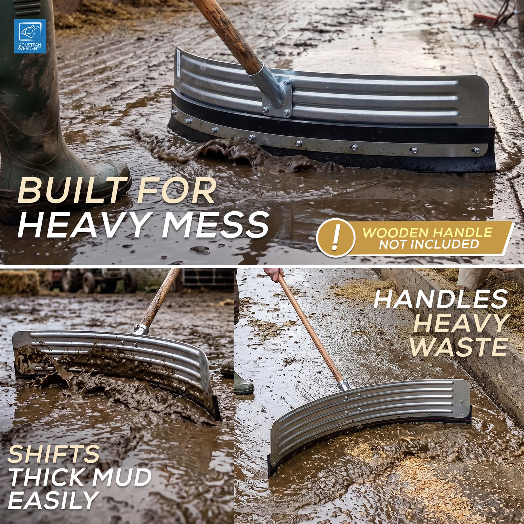 Mud scraper being used to shift thick mud with text highlighting its features.