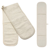 Two beige woven oven mitts on a plain white background, one folded to show the front pocket and one laid flat to show the interior pocket layout.