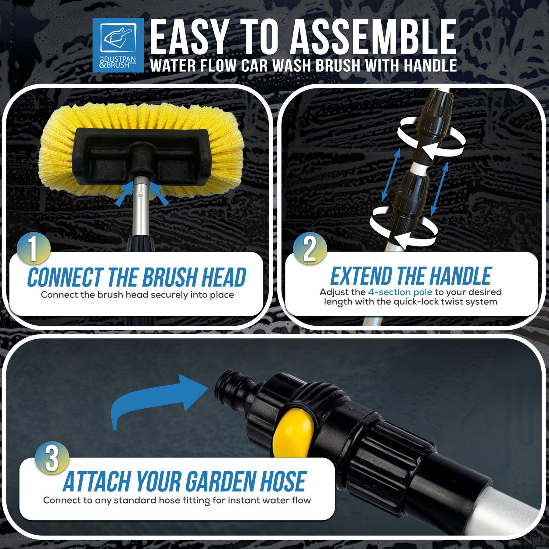 Instructional graphic for a Jonhson Carbrush easy-to-assemble water flow car wash brush with handle, showing three numbered steps: connecting the brush head, extending the handle, and attaching the garden hose.