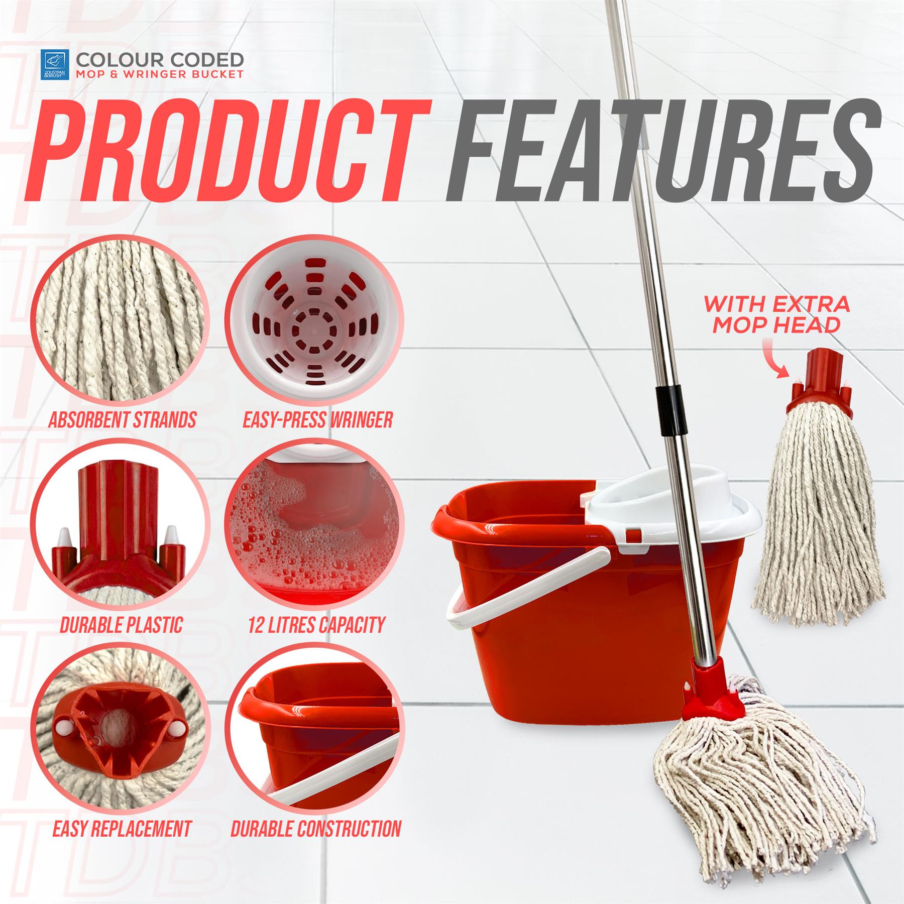 A mop and bucket set shown on a light tiled floor with feature callouts. The product includes a red bucket, white and red wringer, and a white corded mop head on a metal handle.