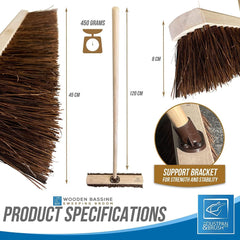 18" Newman and Cole Natural Stiff Bassine Broom Head with Plastic Bracket and Wooden Handle