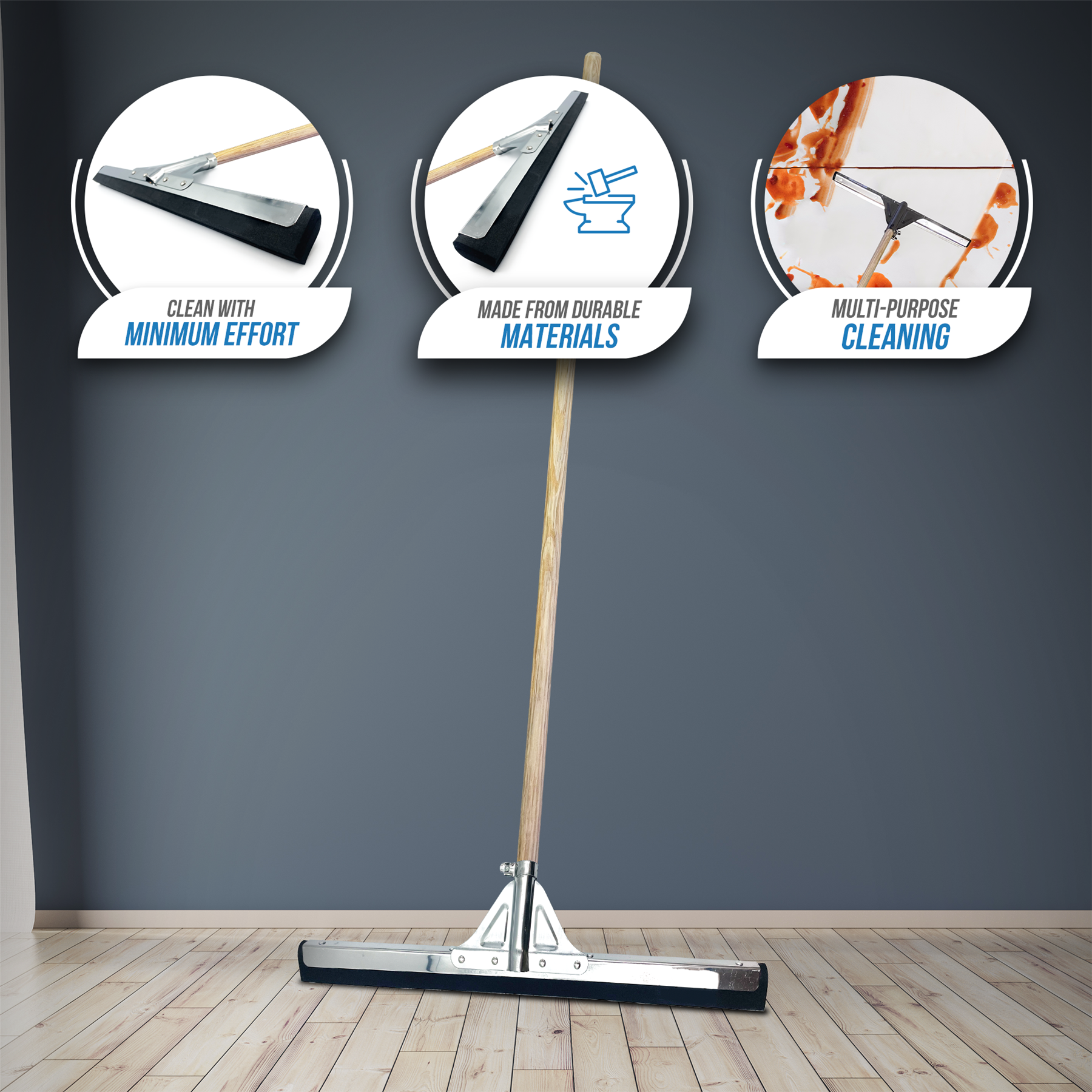 18" Black Foam Floor Squeegee Blade and Wooden Handle - The Dustpan and Brush Store
