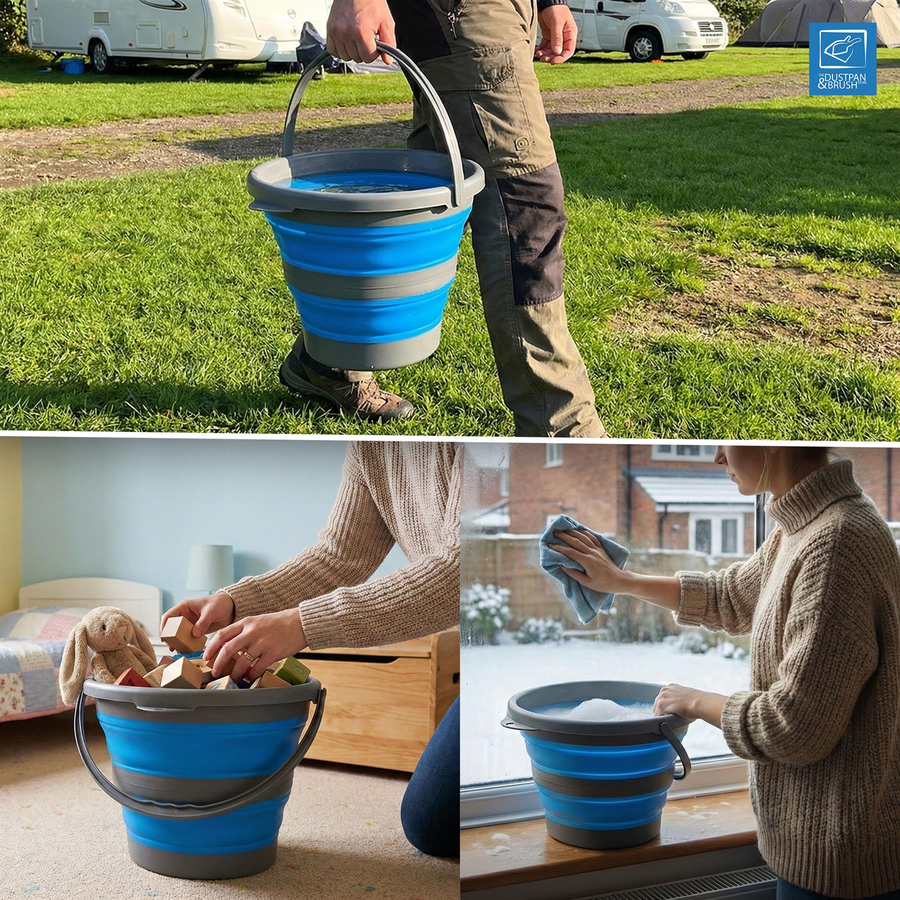 A blue and grey collapsible bucket shown in three lifestyle scenes: being carried on grass outdoors, filled with toys indoors, and used to wash a window indoors. A small logo in the top-right reads.