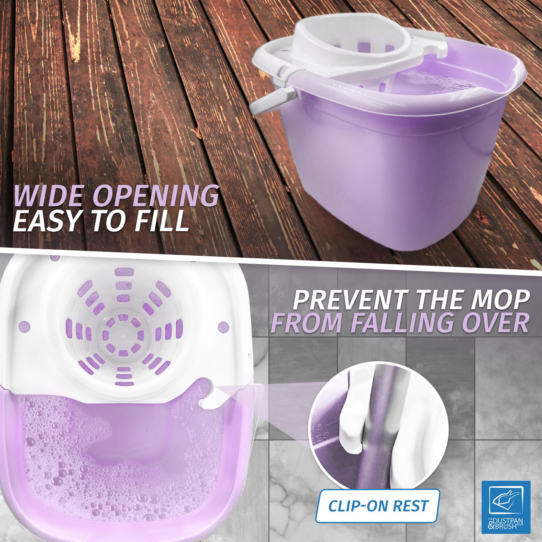 Lilac automatic mop bucket with a wide opening, shown on a wooden deck and tiled floor with feature callouts including 'WIDE OPENING', 'EASY TO FILL', and 'PREVENT THE MOP FROM FALLING OVER'.