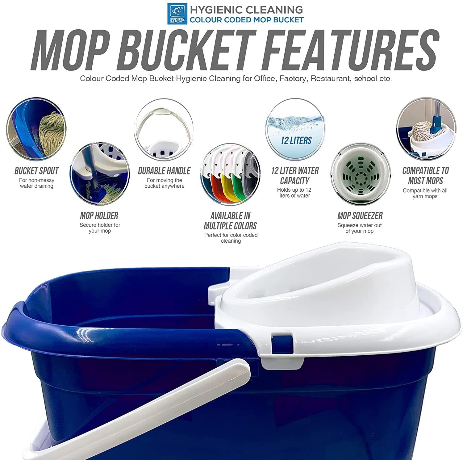 Blue mop bucket with features highlighted on a white background