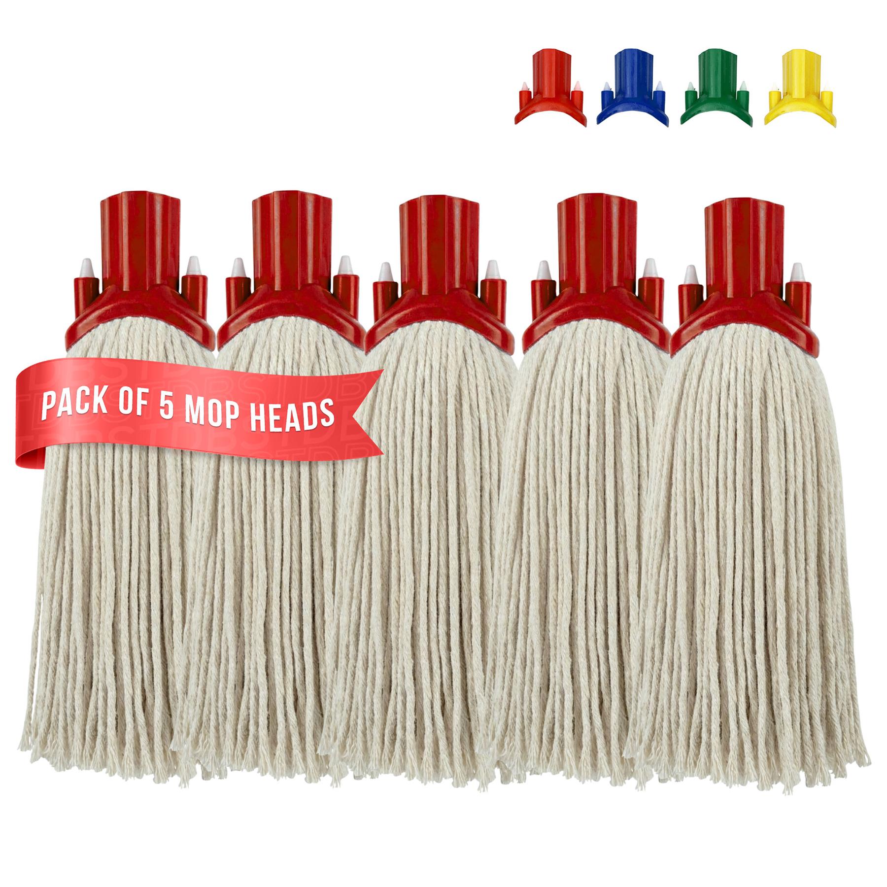 Pack of five cotton mop heads with red plastic handles, shown on a white background with a red banner reading 'PACK OF 5 MOP HEADS' and small color options at the top.