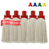 Pack of five cotton mop heads with red plastic handles, shown on a white background with a red banner reading 'PACK OF 5 MOP HEADS' and small color options at the top.