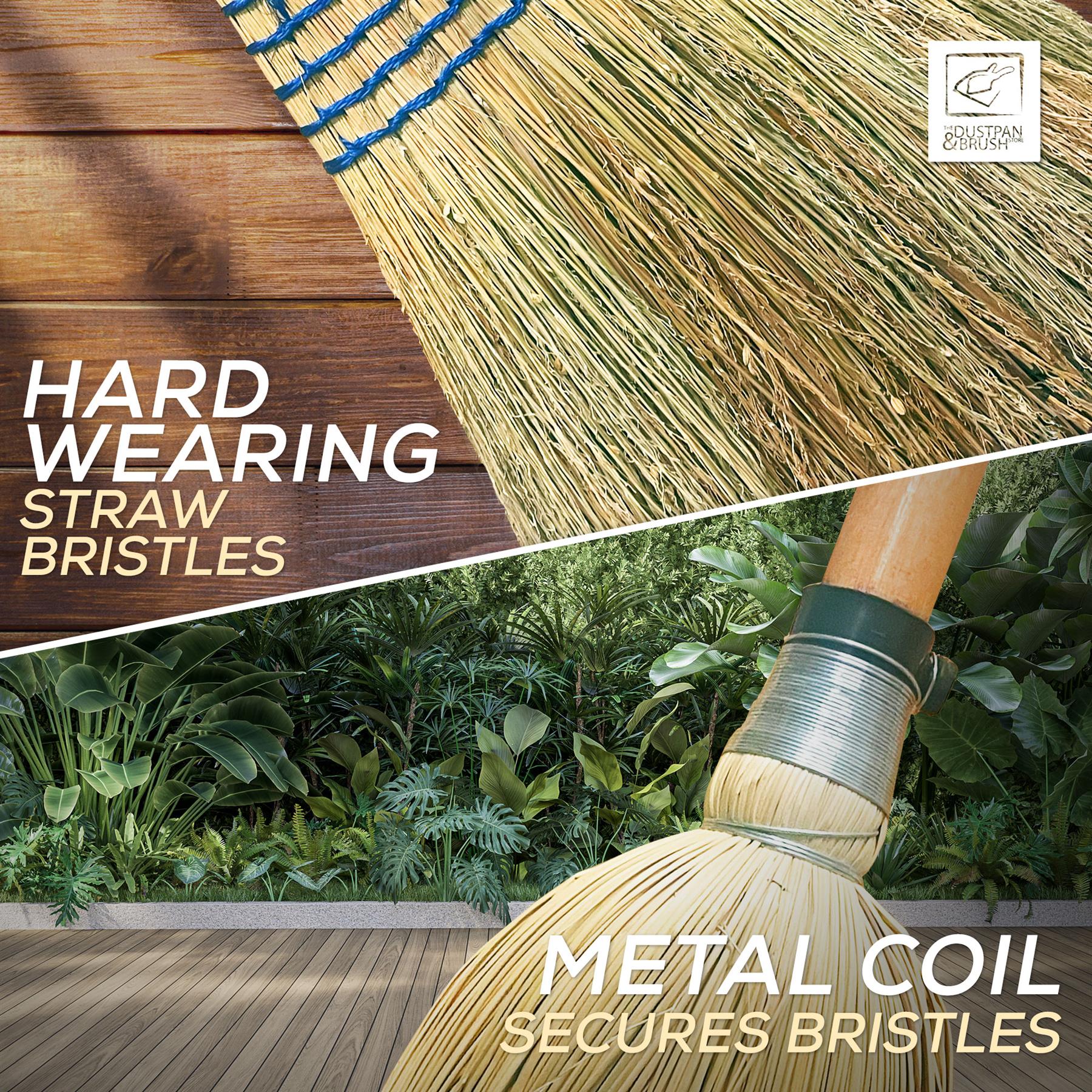 A promotional graphic for a straw broom with hard-wearing straw bristles and a metal coil secant. The top half shows the broom head on a wooden deck, and the bottom half shows the broom head in a garden setting.