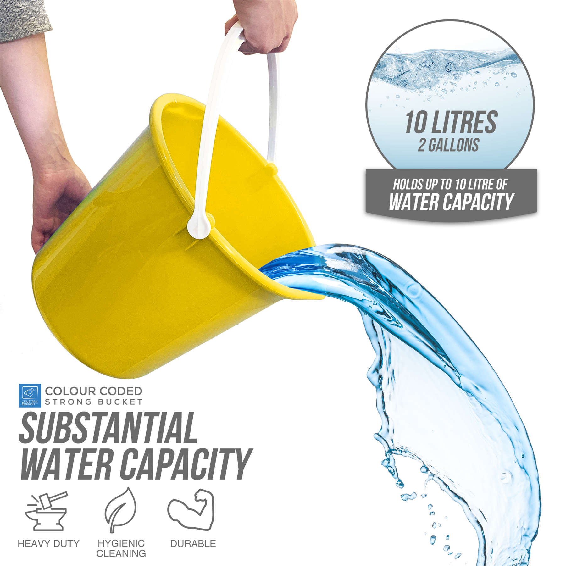 10L Yellow bucket being filled with water, highlighting its capacity and features.