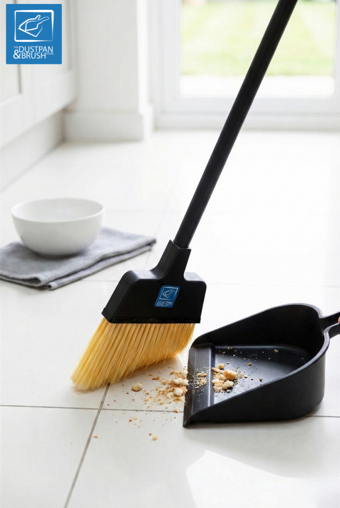 A black floor broom with a long handle and a black dustpan on a white tiled floor, with crumbs being swept. A small white bowl and folded grey cloth sit in the background near a bright window.