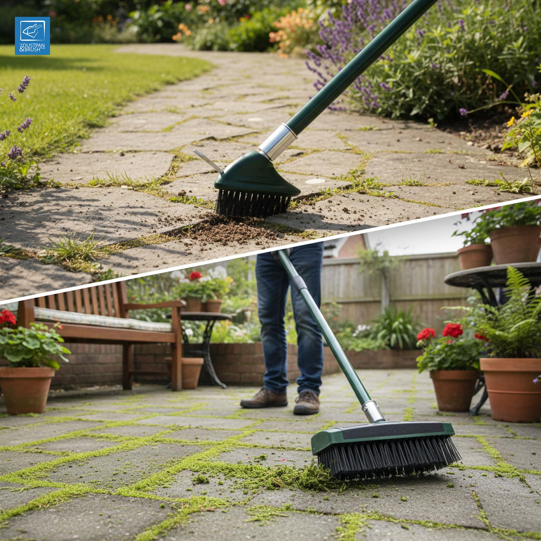 Gardening tool being used to clear debris from a patio area with plants and furniture in the background.