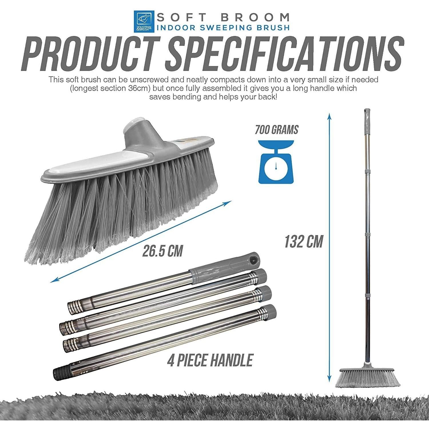 Grey & White Indoor Broom with 4 Piece Stainless Steel Handle - The Dustpan and Brush Store