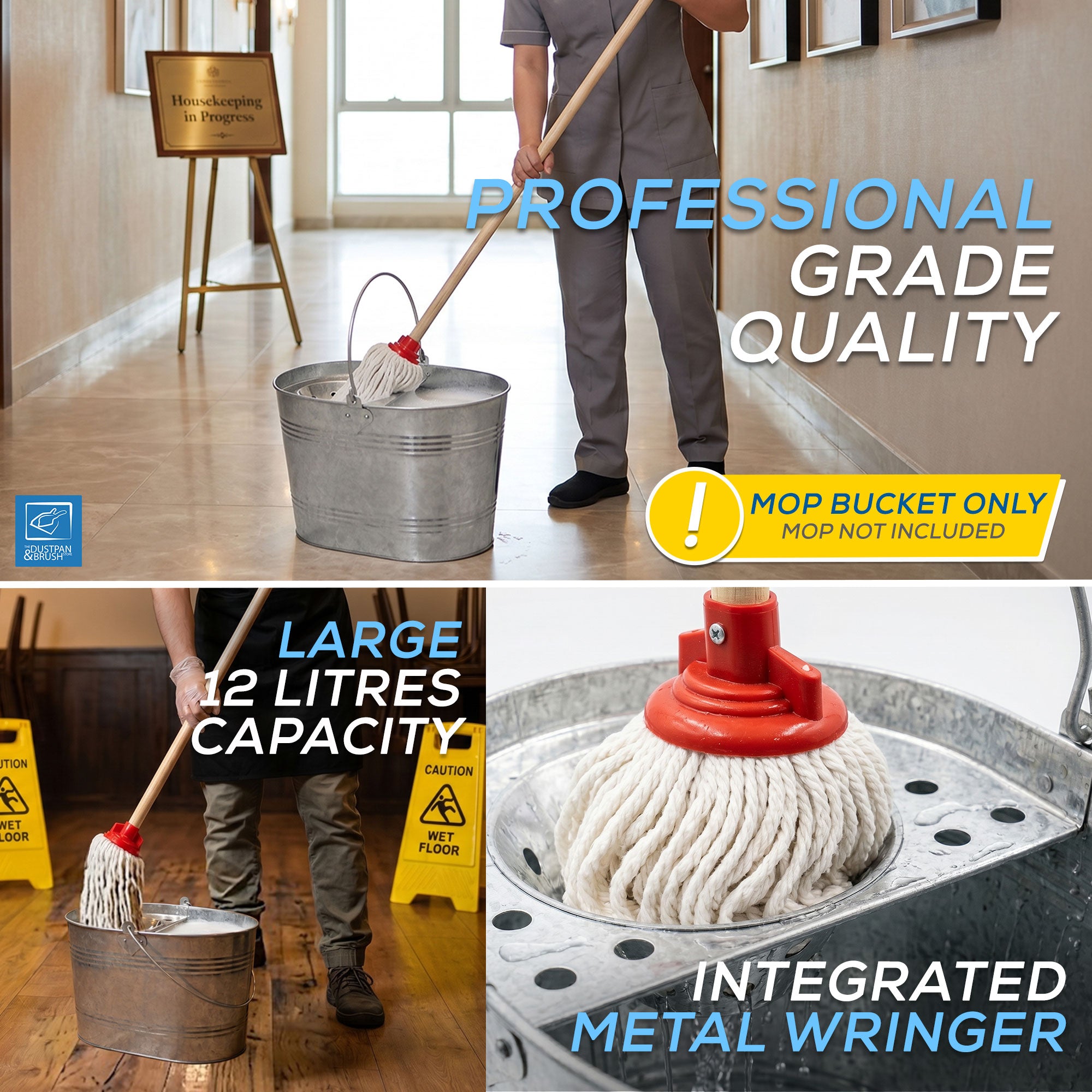 13L Galvanised Metal Mop Bucket – Traditional Steel Bucket - The Dustpan and Brush Store