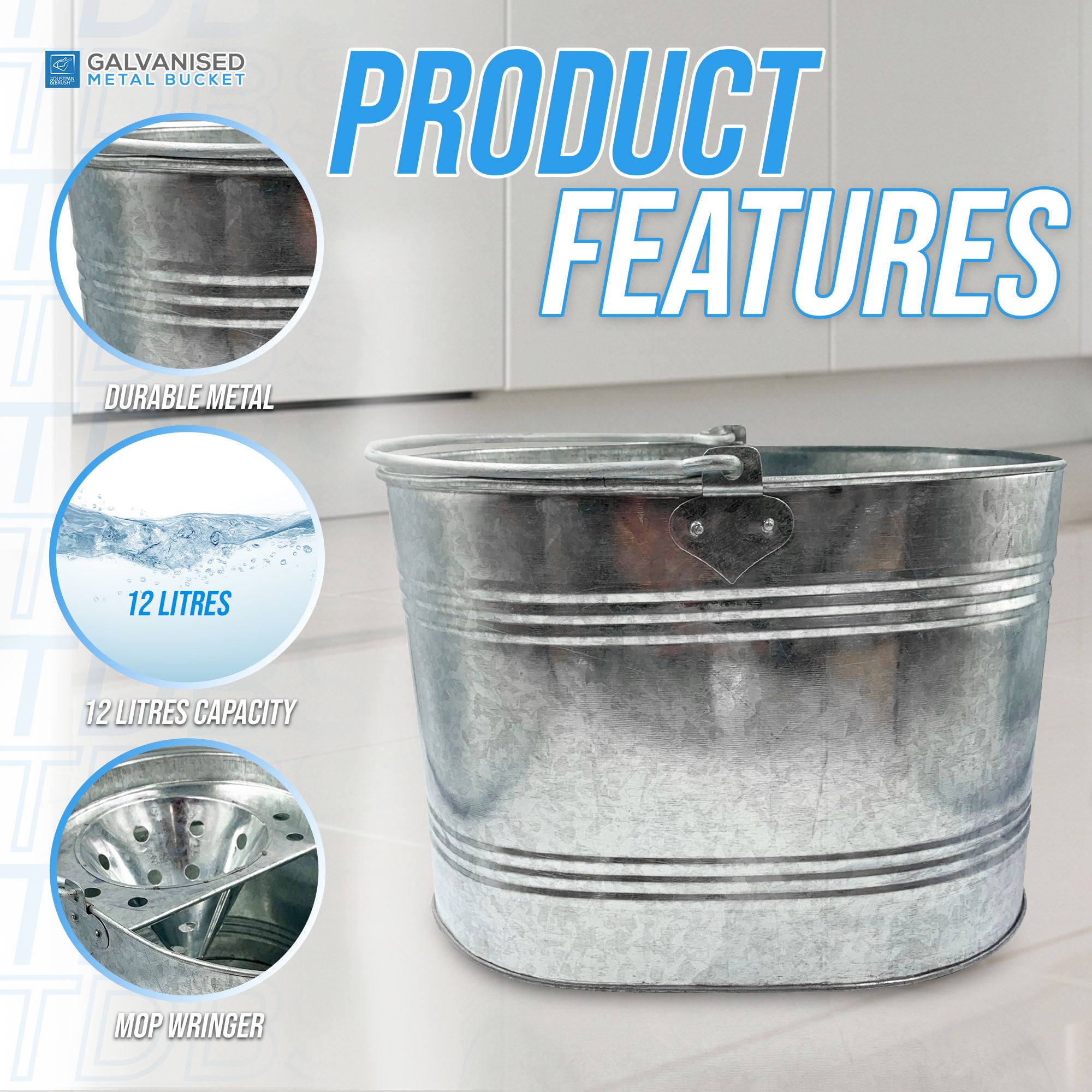 13L Galvanised Metal Mop Bucket – Traditional Steel Bucket - The Dustpan and Brush Store
