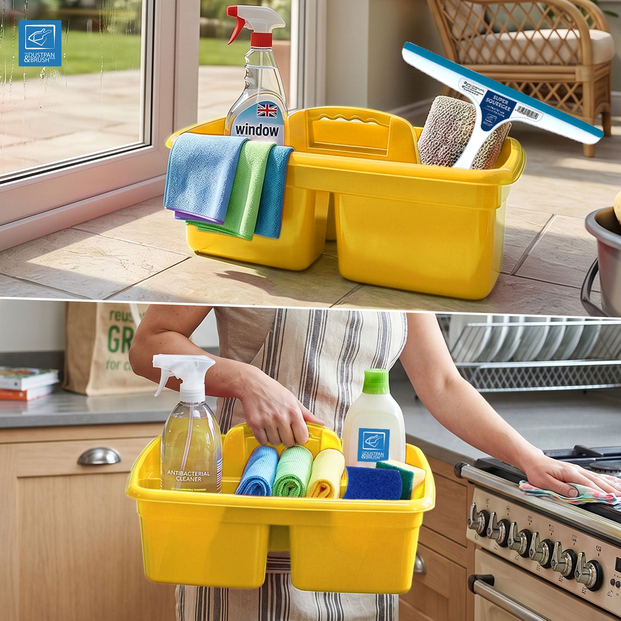 Yellow cleaning caddy with supplies in a kitchen setting