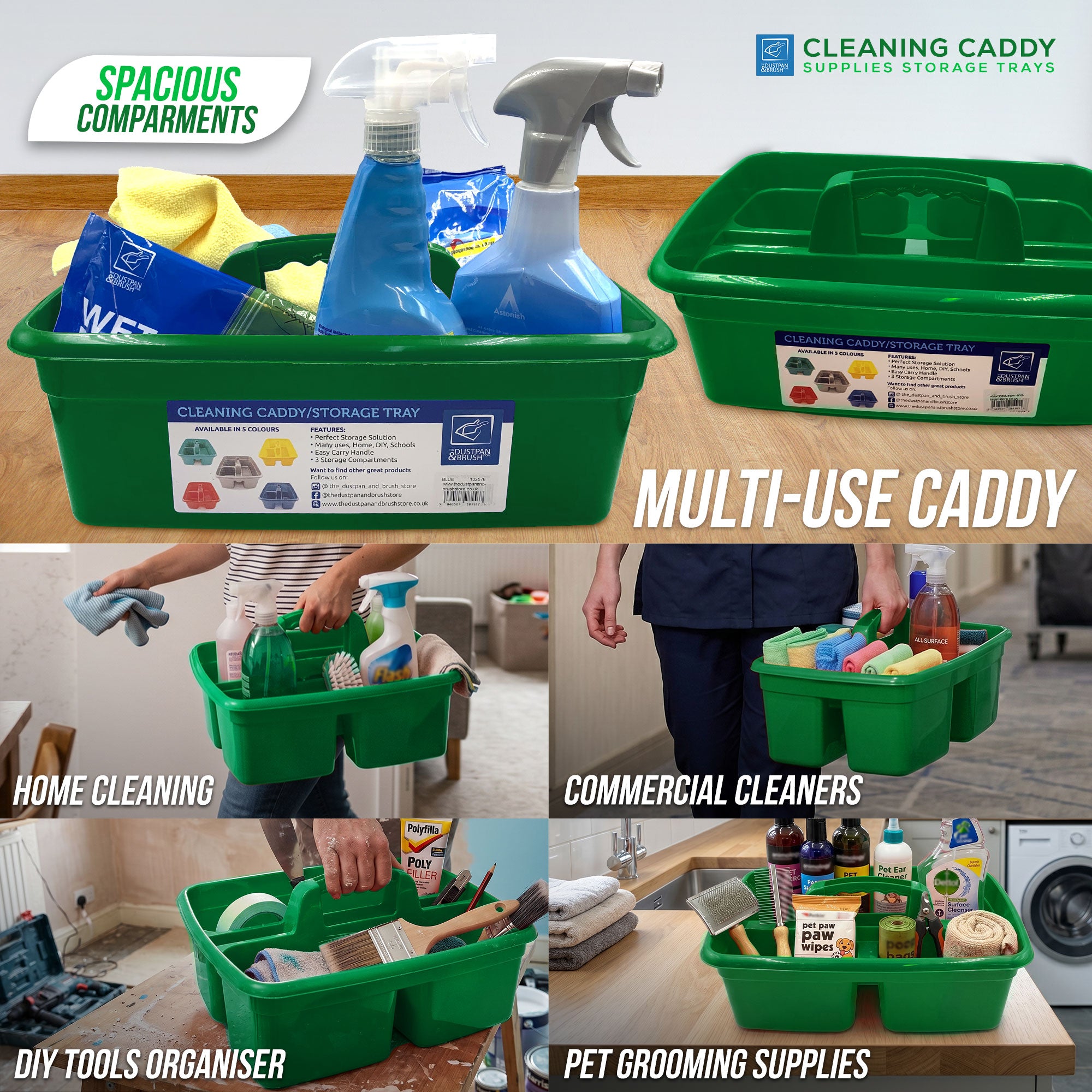 Green cleaning caddy with various cleaning supplies and tools on a wooden surface.