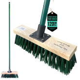A garden yard brush with a light wood handle, dark green bristles, and a dark green pole, shown on a white background with a smaller side view and a hanging product tag.