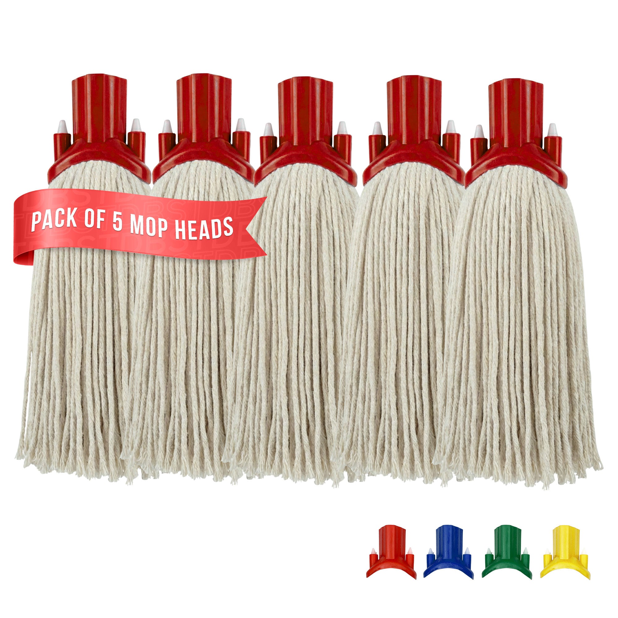 Five beige cotton mop heads with red plastic collars, shown as a pack of 5 on a white background with a red banner reading 'PACK OF 5 MOP HEADS' and small color options at the bottom.