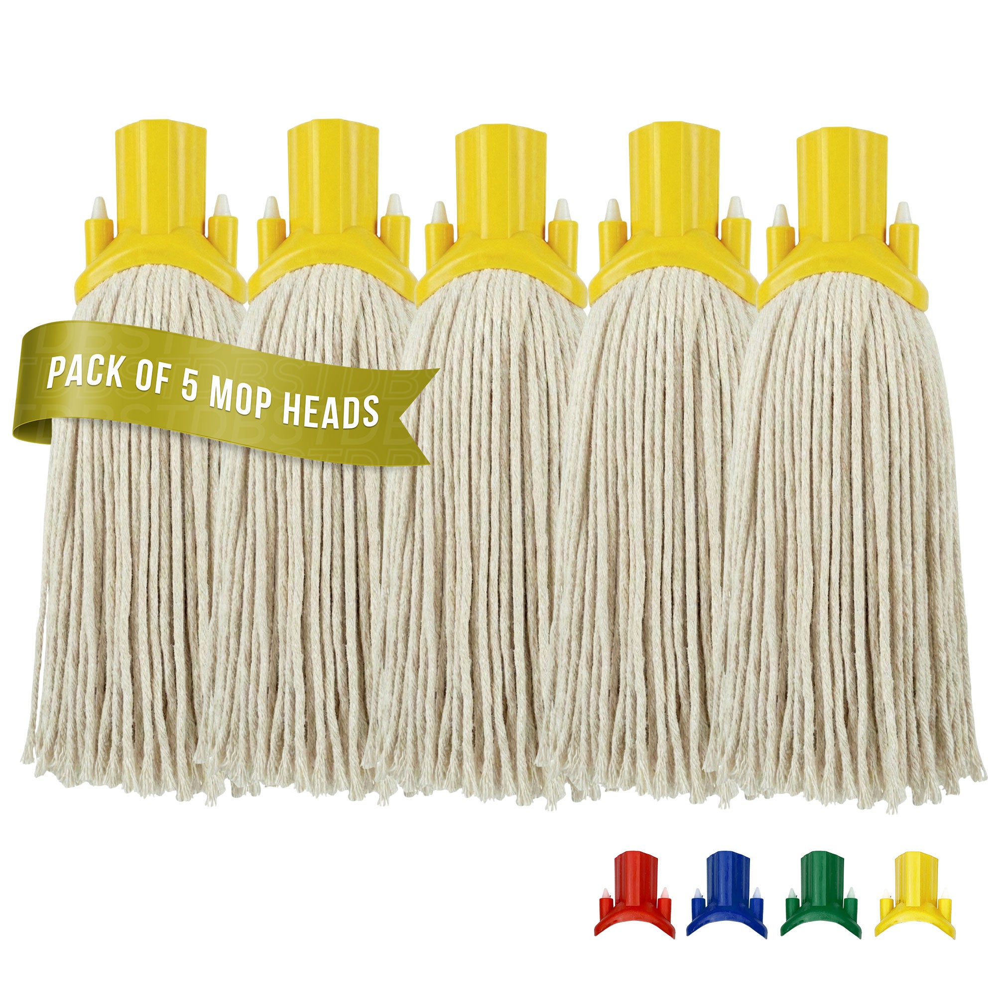 Pack of 5 cotton mop heads with yellow plastic collars, shown on a white background with a green banner reading 'PACK OF 5 MOP HEADS' and small color options at the bottom.