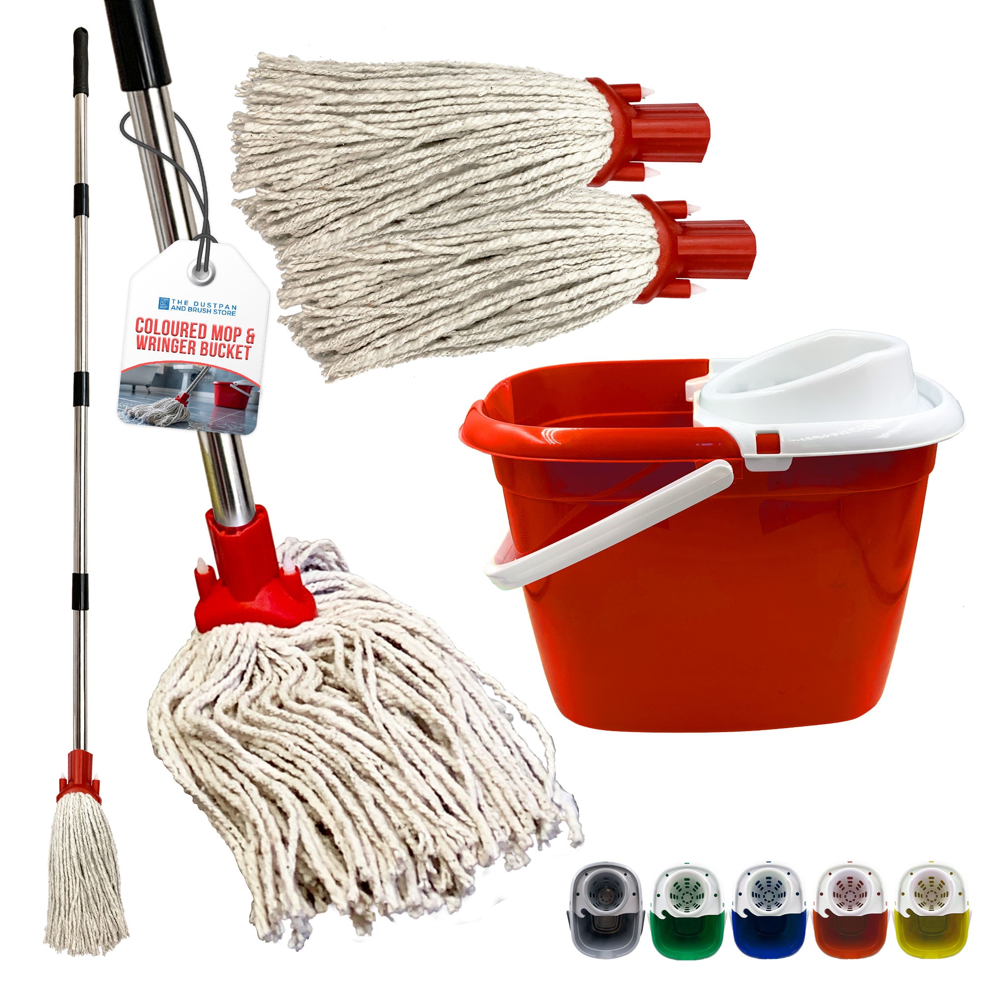 A red mop and wringer bucket set shown on a white background, including a long handle with a cotton mop head, two mop heads, a red bucket with white wringer, and small colour-option thumbnails along the bottom.