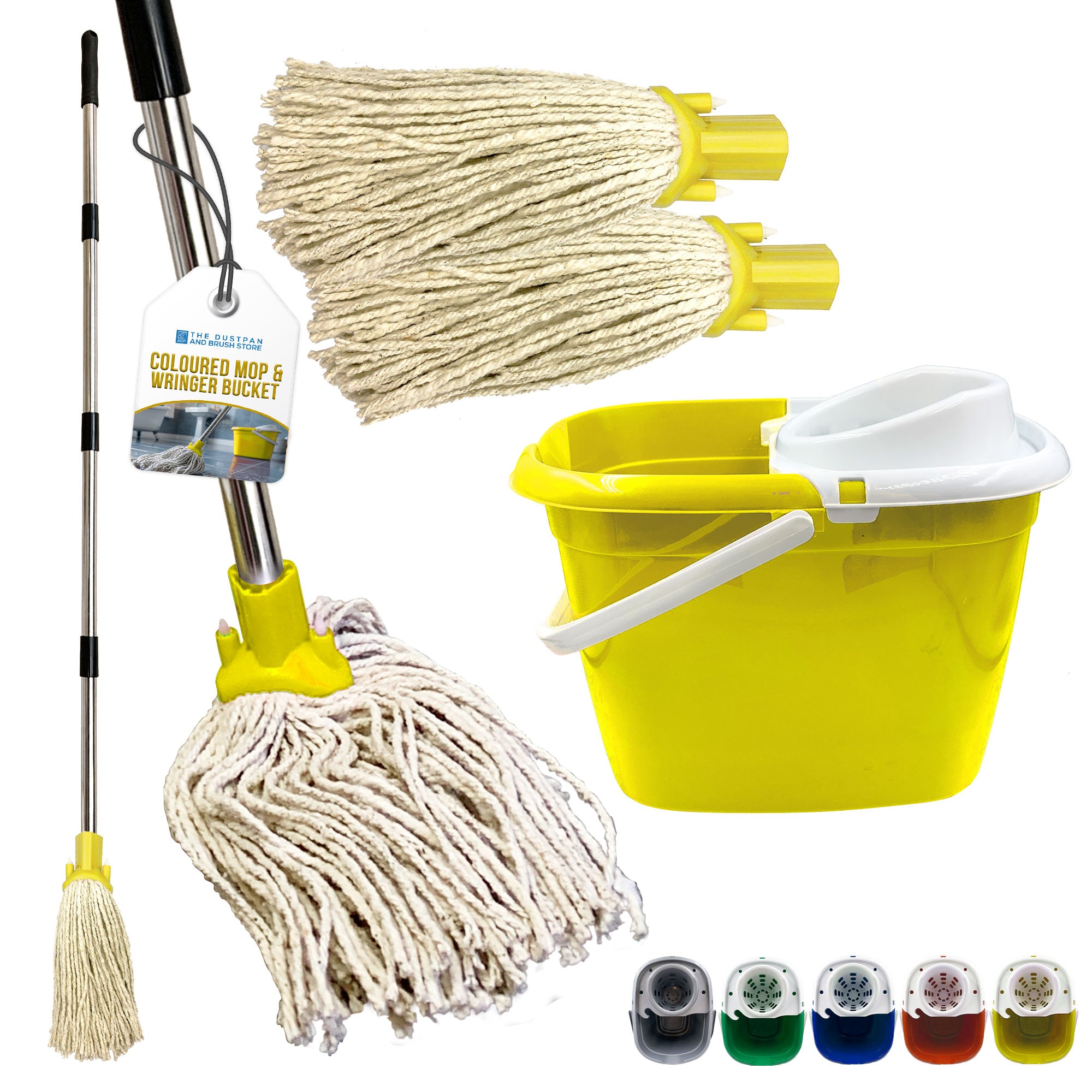 A yellow mop and wringer bucket set shown on a white background, including a long handle with a cotton mop head, two mop heads, a yellow bucket with white wringer, and small colour-option thumbnails along the bottom.