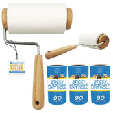 A set of three wooden lint rollers shown on a white background, along with three blue packages of sticky adhesive lint rolls labeled 90 sheets. One tag is attached to the left roller.
