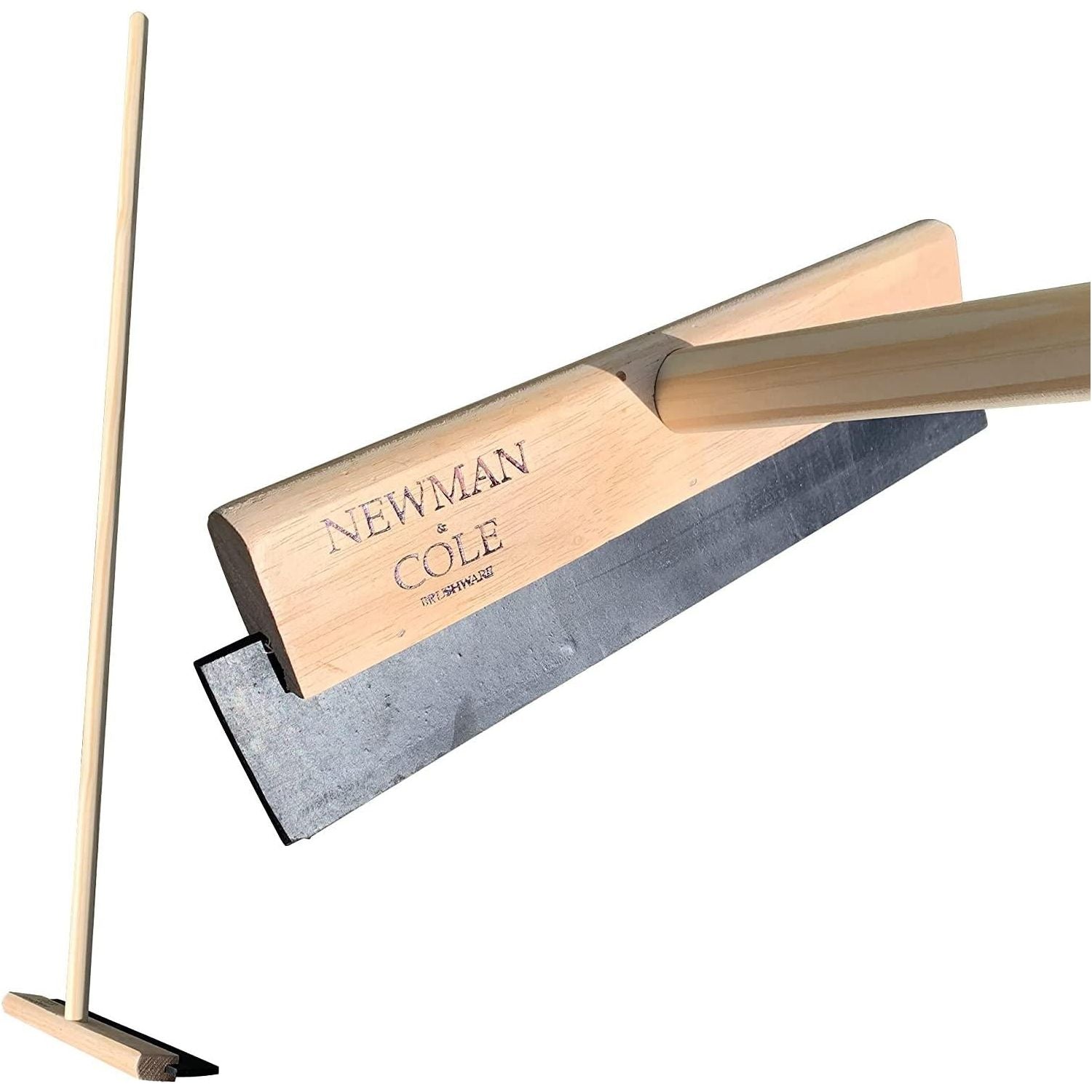 A wooden floor squeegee with a black rubber head and a tapered handle, branded Newman and Cole.