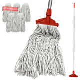 Mop with red clip and handle head, including five additional head attachments on a white background.