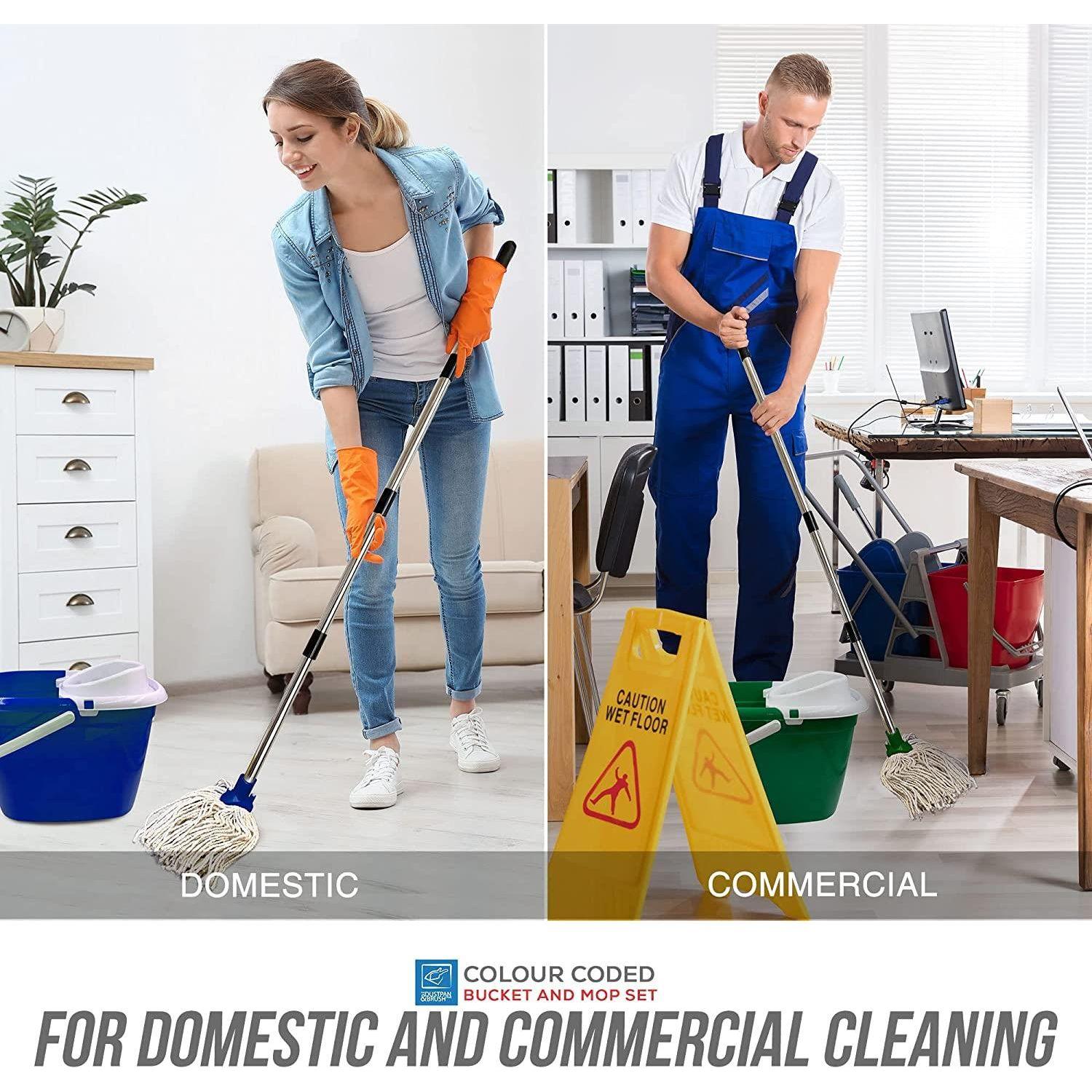 Red Mop Bucket with 2 Cotton Mop Heads and 4 Piece Handle - The Dustpan and Brush Store