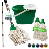 A color-coded mop and wringer bucket set on a white background, including a green and white bucket, a long metal mop handle with a white cord mop head, two additional mop heads, and small color-coded bucket cap icons at the bottom.