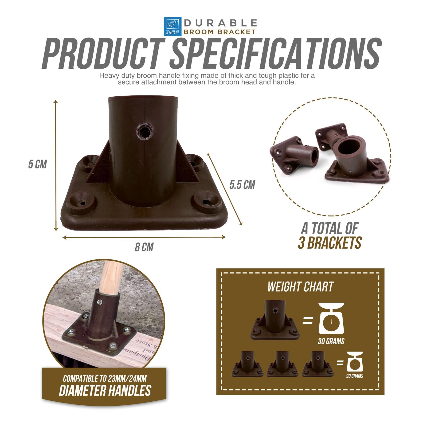 Product specifications graphic for a durable broom bracket, showing a 3D rendering of the dark brown plastic bracket with dimensions of 5 cm height, 8 cm base width, and 5.5 cm center post width.