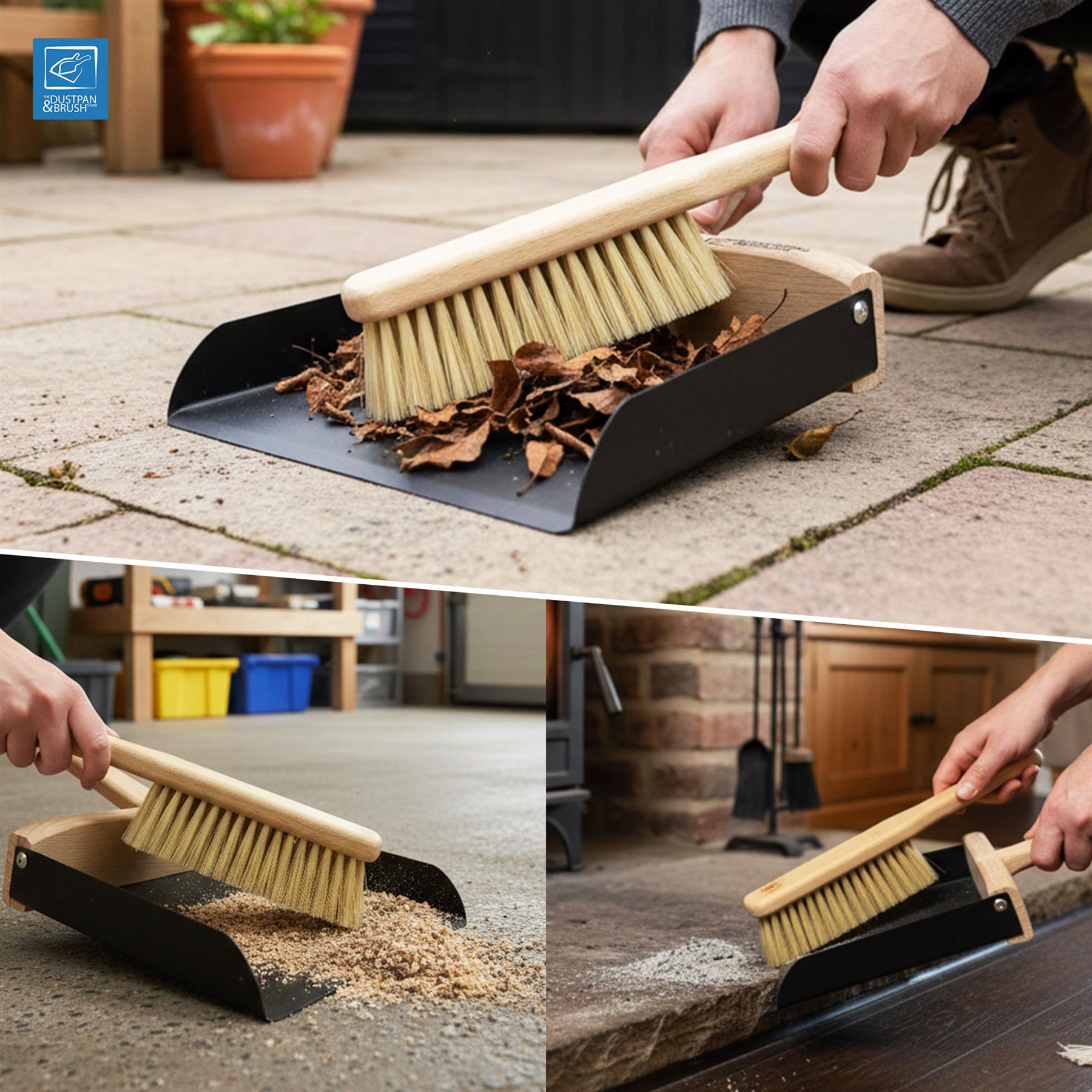 A three-panel collage showing a wooden-handled dustpan and brush set in use outdoors and indoors. In the top panel, a hand uses the brush to collect dry leaves in a black dustpan on a stone patio.