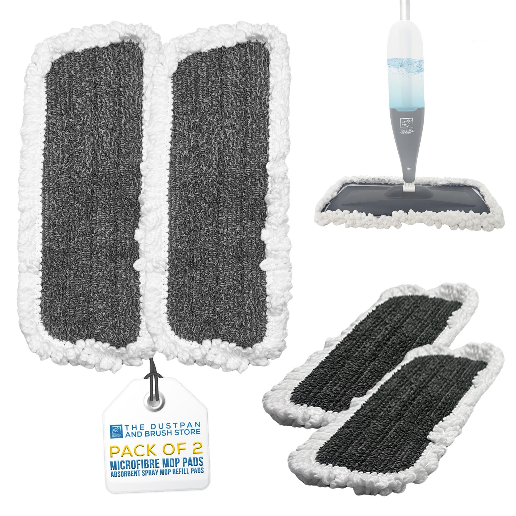 A pack of two microfibre mop pads with white fringed edges, shown alongside a mop head attachment and a hanging product tag reading 'The Dustpan and Brush Store Pack of 2 Microfibre Mop Pads'.