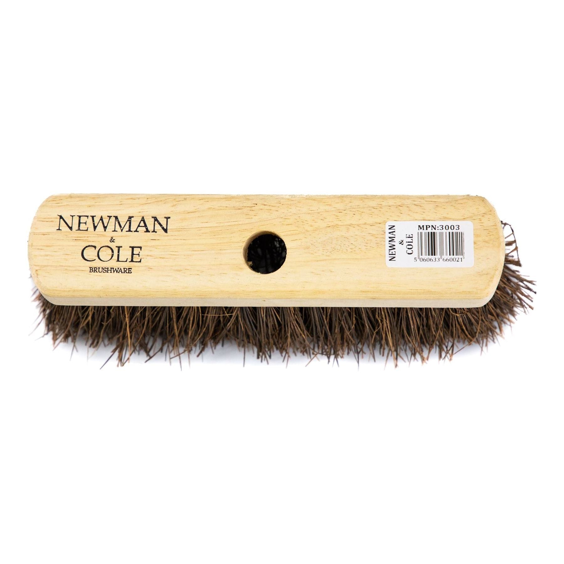 10" Newman and Cole Natural Stiff Bassine Broom Head with Hole and Wooden Handle - The Dustpan and Brush Store