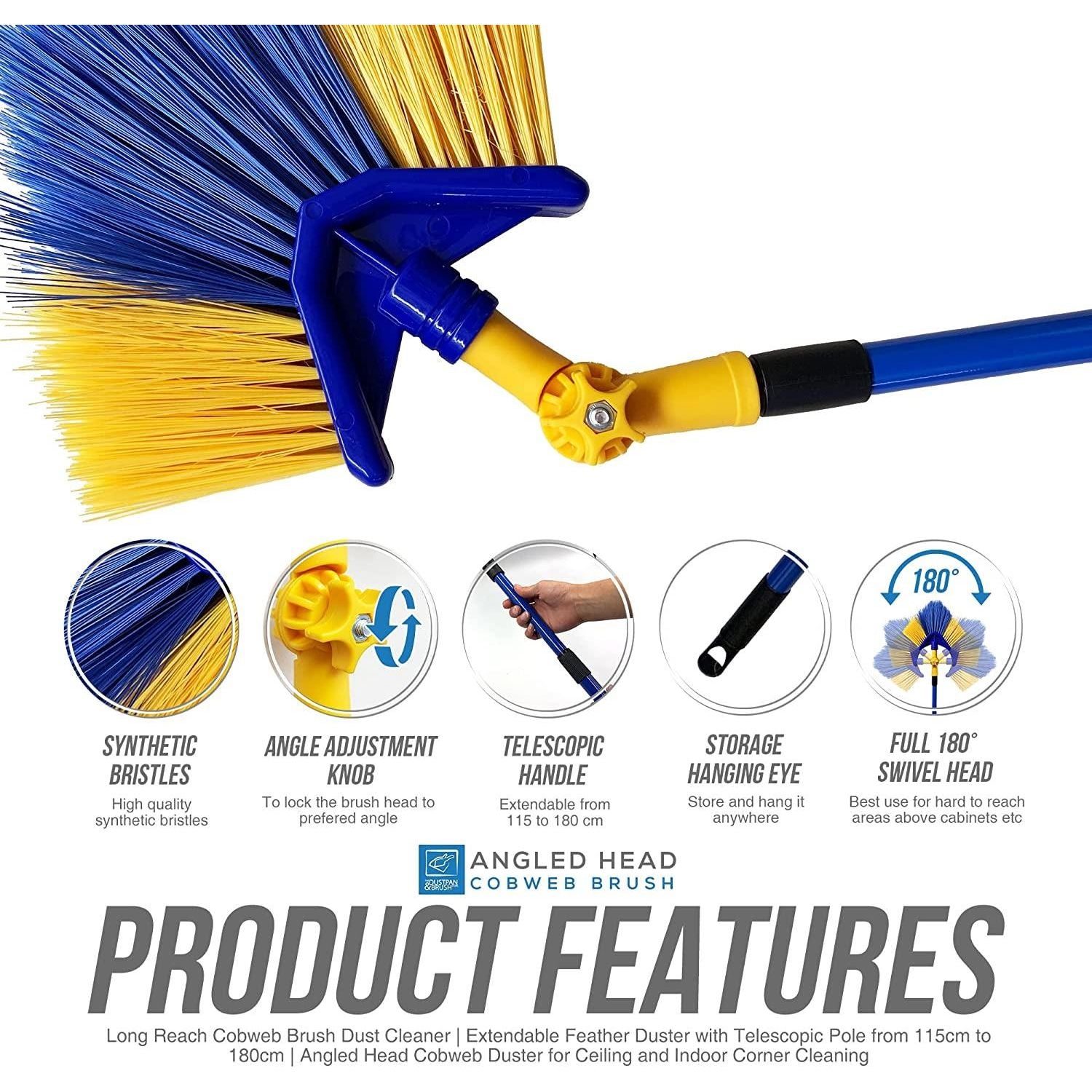 Angled Cobweb Brush with Extending Telescopic Long Handle - The Dustpan and Brush Store