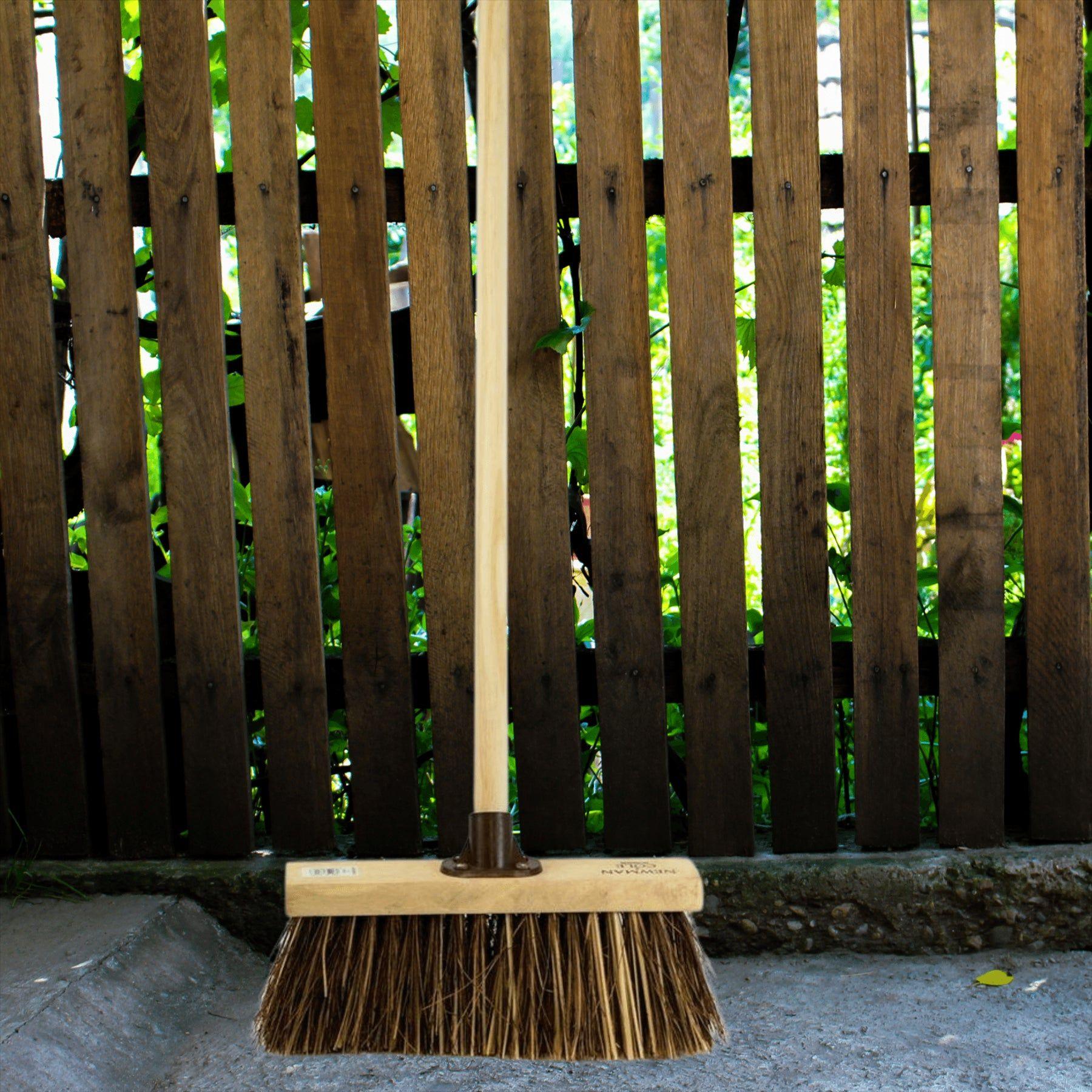 13" Newman and Cole Nautral Stiff Bass & Cane Flat Broom Head with Plastic Socket and Wooden Handle - The Dustpan and Brush Store