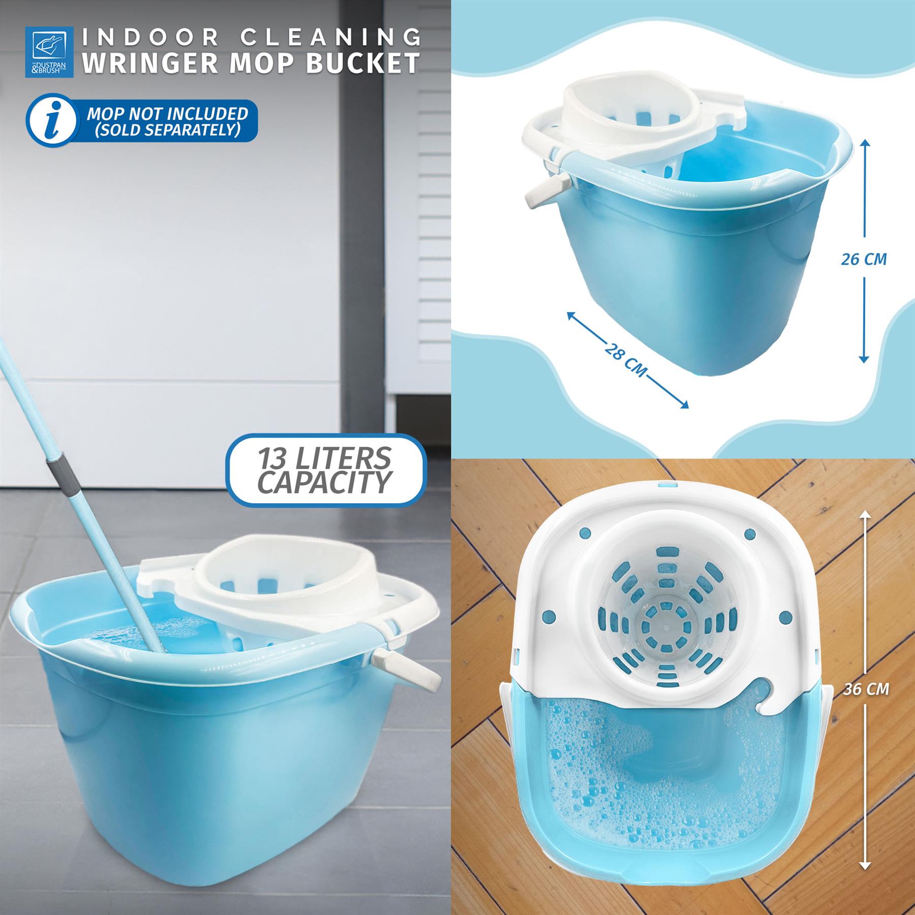 Indoor cleaning wringer mop bucket set shown in a collage with product views, dimensions labeled 28 cm and 26 cm, 13-liter capacity, and a note that the mop is not included (cold separately). The bucket is light blue with a white wringer basket and handle.