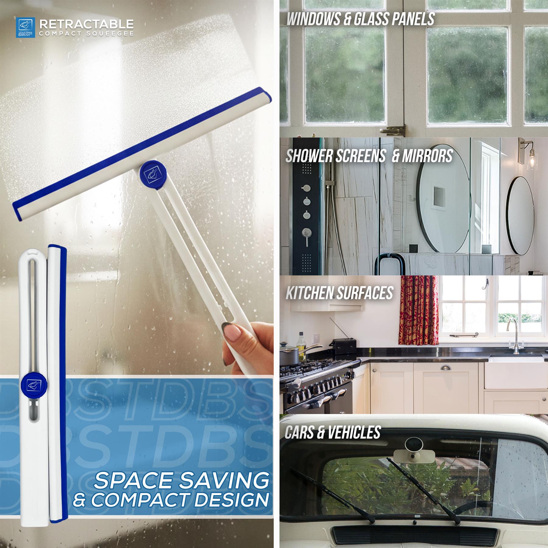A collage showing a retractable squeegee window cleaner in use on glass, with smaller inset photos of it being used on windows, shower screens, mirrors, kitchen surfaces, and cars. The product itself is a white squeegee with blue trim and a blue circular control.