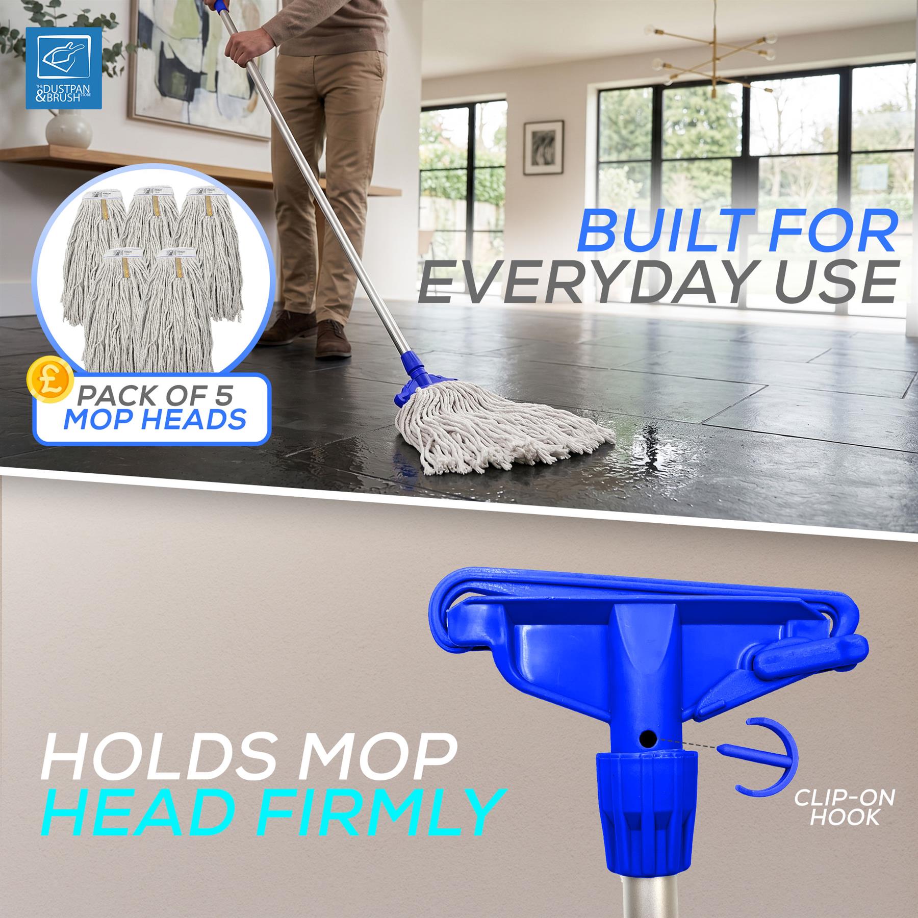 Mop with blue handle cleaning a floor, with text highlighting features and accessories.