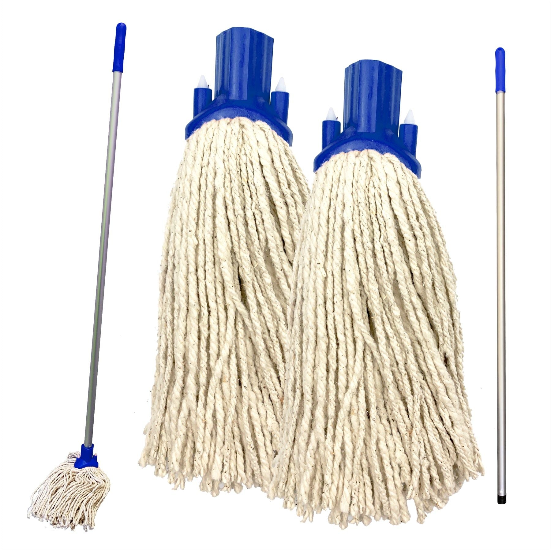 Blue Aluminium Handle with 2 Cotton Mop Heads - 12PY - The Dustpan and Brush Store