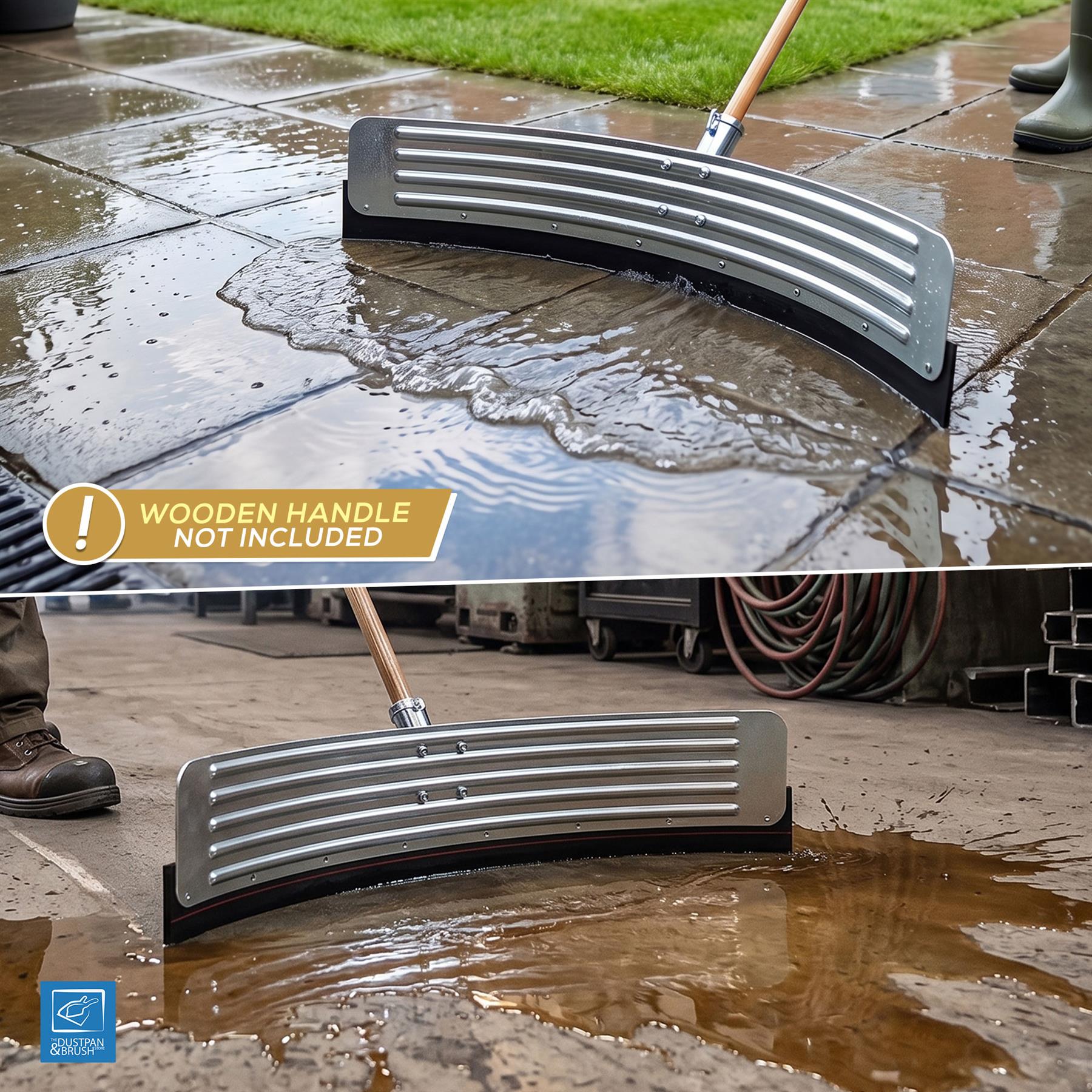 Cleaning tool with a wooden handle not included, used on a wet pavement.